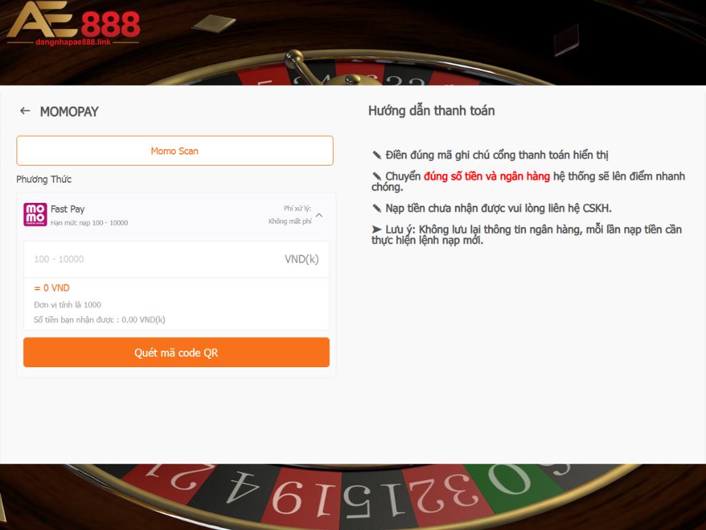 Nạp tiền AE888 rất nhanh và dễ dàng qua Momo