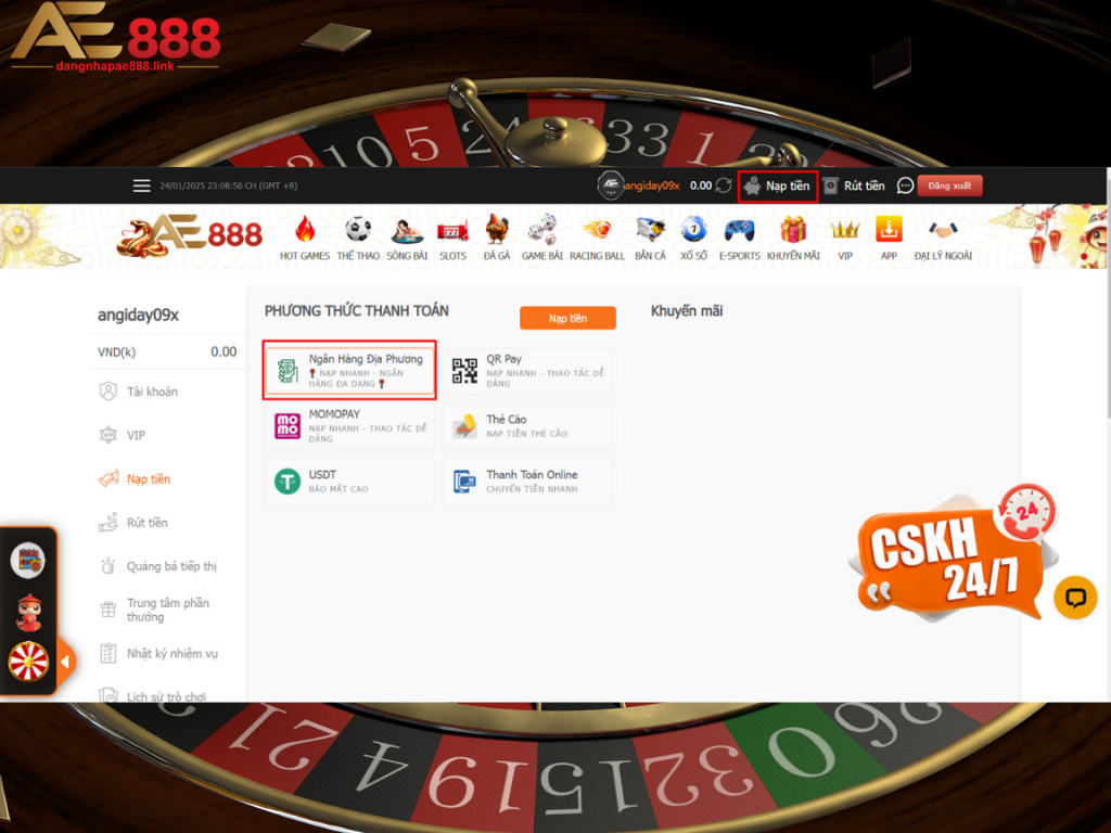 Nạp tiền AE888 qua ngân hàng Techcombank
