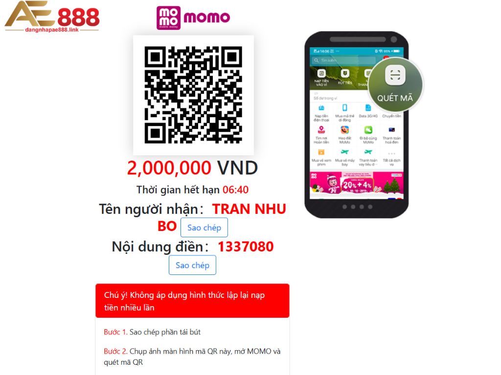 Quét mã để nạp tiền AE888 bằng Momo