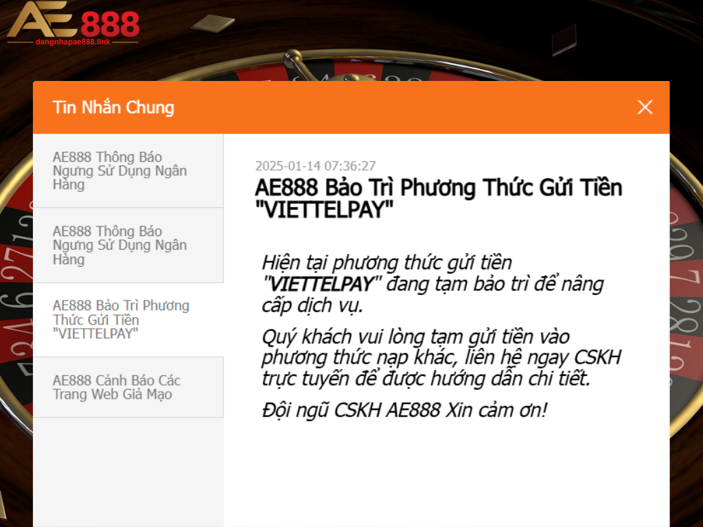 Xem thông báo của hệ thống trước khi nạp tiền AE888